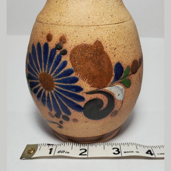 Vintage Tonala Hand Painted Mexican Floral Sandstone Pottery Vase Singed S MEX - Picture 6 of 7